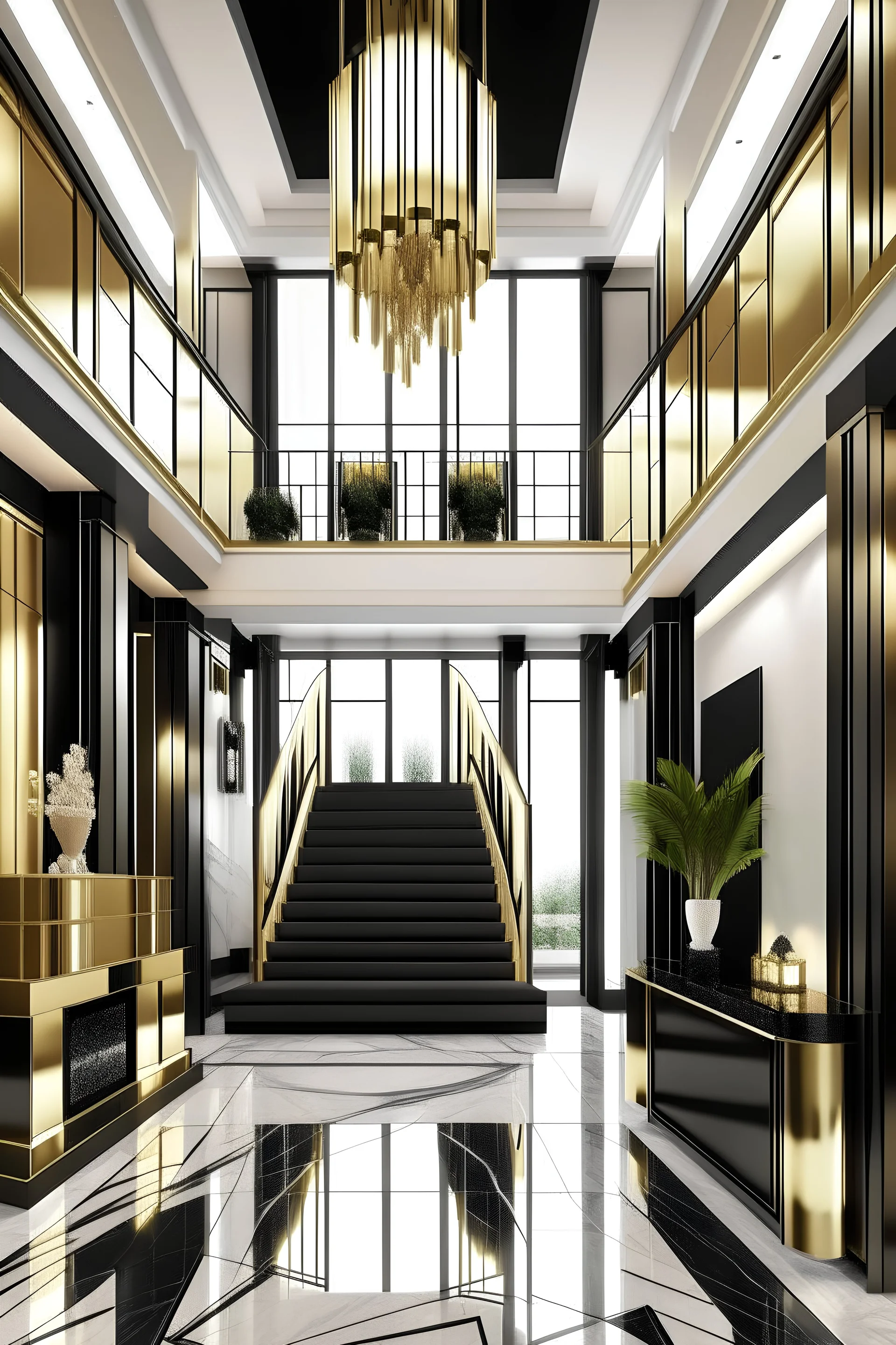 double height luxurious entrance lobby with black white and gold modern contemporary interior theme