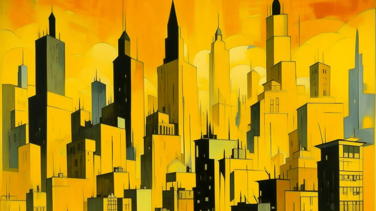 A yellow electric city painted by Lyonel Charles Feininger