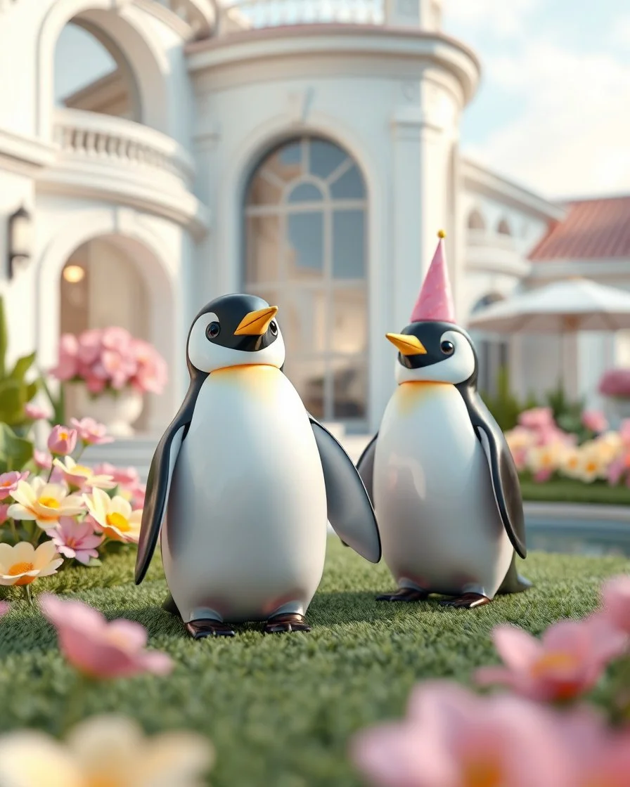 Generate image: Generate image: Generate image: A macro 3D render of a cute, lovely Penguins,made of translucent, glossy,colored jellatin. is landing in yard of a luxury villa next to flowers ,subsurface scattering and gelatinous texture . High-quality CGI, octane render, 8k resolution, whimsical, adorable, clean composition. long shot ,4:3,write in top in 3d "Happy Birthday"