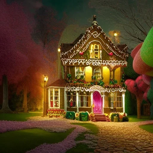 rambling, Victorian house made of gingerbread and vibrant candy, cotton candy trees and gumdrop walkway, 8k resolution, centered, high-quality, ultrafine-detail, digital art, detailed matte, volumetric lighting, illustration, 3D octane render, brian froud, howard lyon, greg rutowski, George Grie