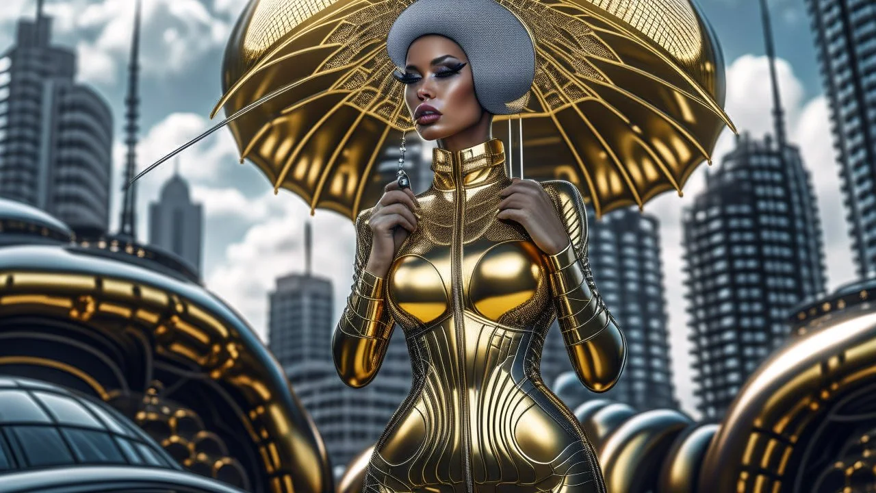 woman in a silver catsuit with gold circuitry built in, standing in a futuristic alien city holding a parasol shaped like a mushroom with tentacles