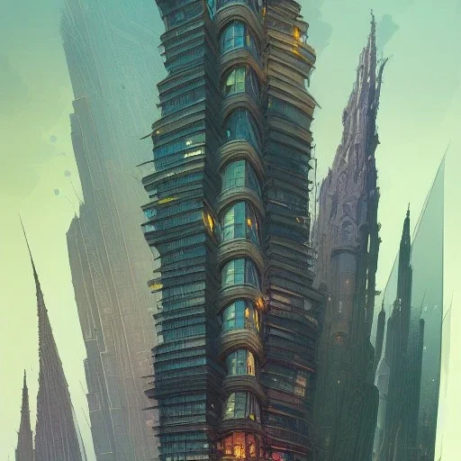 A Neo gothic Skyscraper mixed with modern glass skyscrapers+detailed facades+Book illustration by Gediminas Pranckevičius, Jean Baptiste Monge, Brian Kesinger, Anton fadeev, Kilian Eng, strong lines, high contrast vibrant colors, highly detailed, 16k resolution, trending on behance