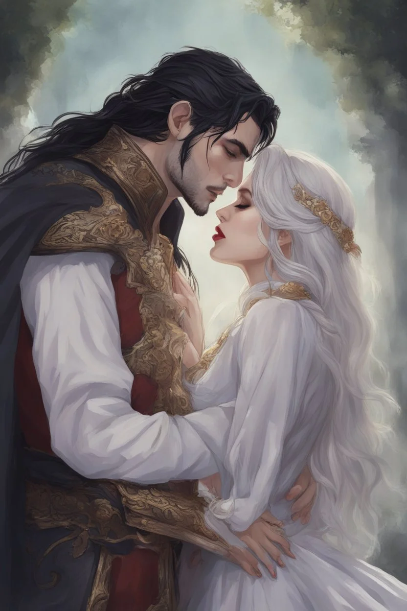 A couple from the dnd game curse of Strahd kissing. She has white hair he has long black hair. Romantic, sweet, loving, possessive, protective, kiss