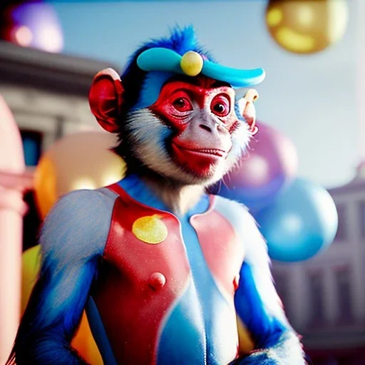 Ultra realistic circus scene. Blue Monkey man, waist up view, Wes Anderson style, happy, bubbles, party, confeti, highly detailed, concept art, unreal engine 5, god rays, ray tracing, RTX, lumen lighting, ultra detail, volumetric lighting, 3d, finely drawn, high definition, high resolution.