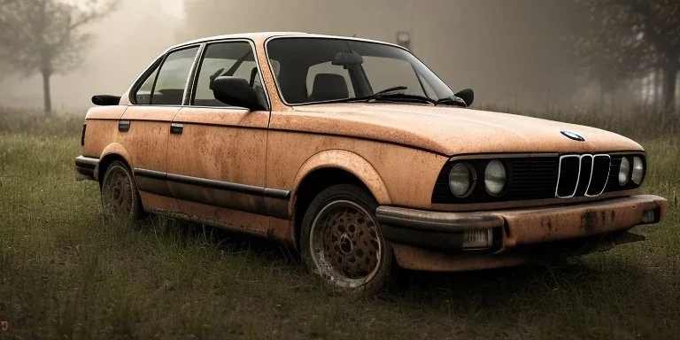 an abandoned 1990 bmw rust 2-door overgrown by nature with dust ,ultra realistic,concept, 4k ,on street, parked in crowded city winter,8k resolution, high-quality, fine-detail