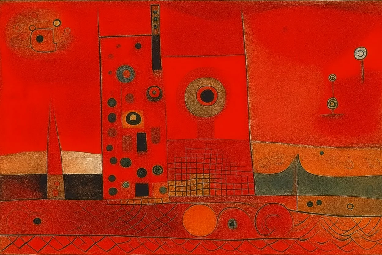 An orangish red poisonous wasteland designed in Maori sculpture painted by Paul Klee