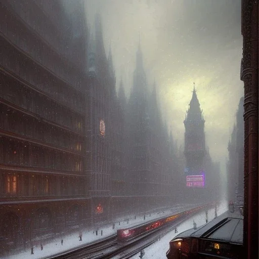 Skyline, View from a snow rain rooftops of corner gothic Buildings, Central station, Piccadilly, Uphill roads, elevated trains, Gothic Metropolis , Neogothic architecture, Metropolis Fritz Lang by Jeremy mann, John atkinson Grimshaw, "Gothic architecture, London, edimburgh, Chicago Prague by Jeremy mann"