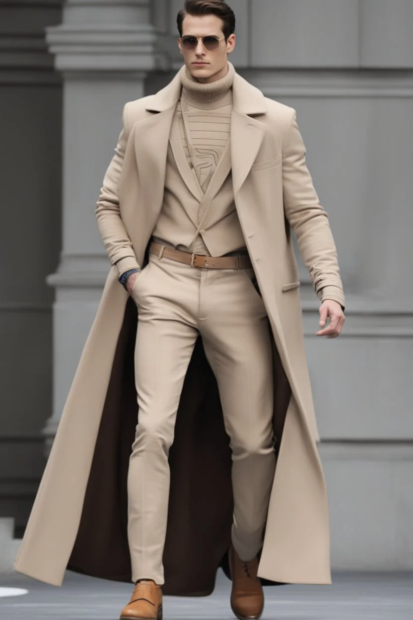 Men's DC Fashion runway Winter outfits inspired by Superman Emblem design beige tones