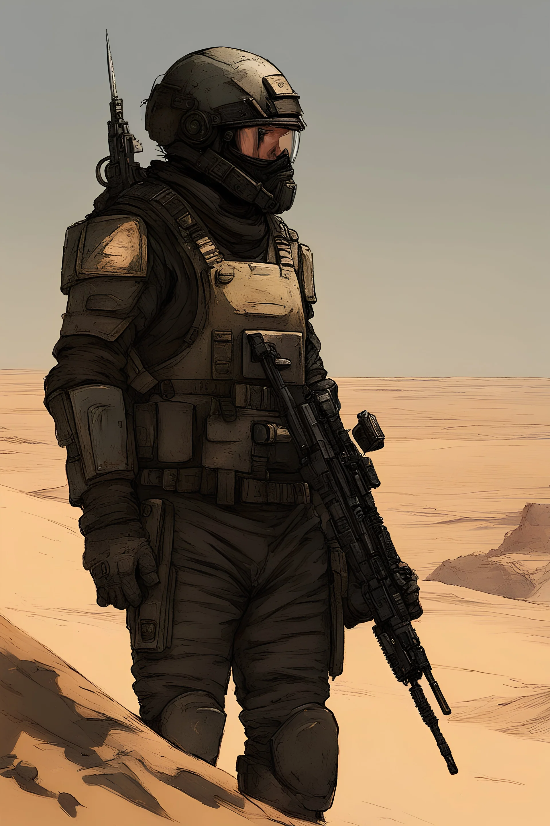 A rugged mArine with a short thick black beard wearing a UNSC Marine style armour looking out upon a desert planet, Black armor with no weapons. art style Alex Maleev