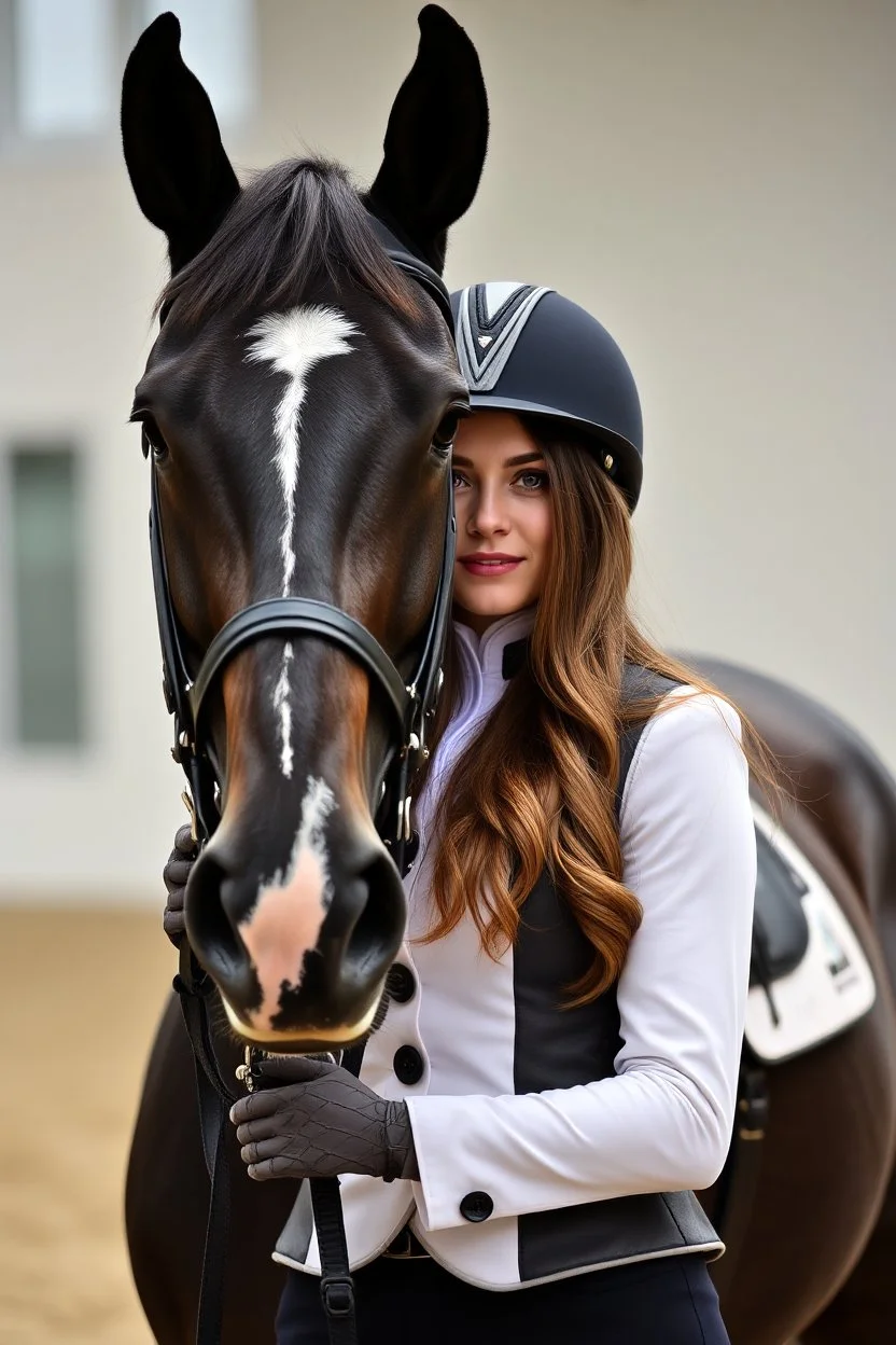 A portrait of a woman with long brown hair and red eyes in English riding gear standing with a black horse, dressage arena setting, modern