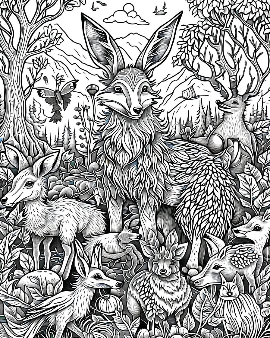 forest animals, coloring page, perfect composition, beautiful detailed perfect coloering page,,white, ((((black and white)))))