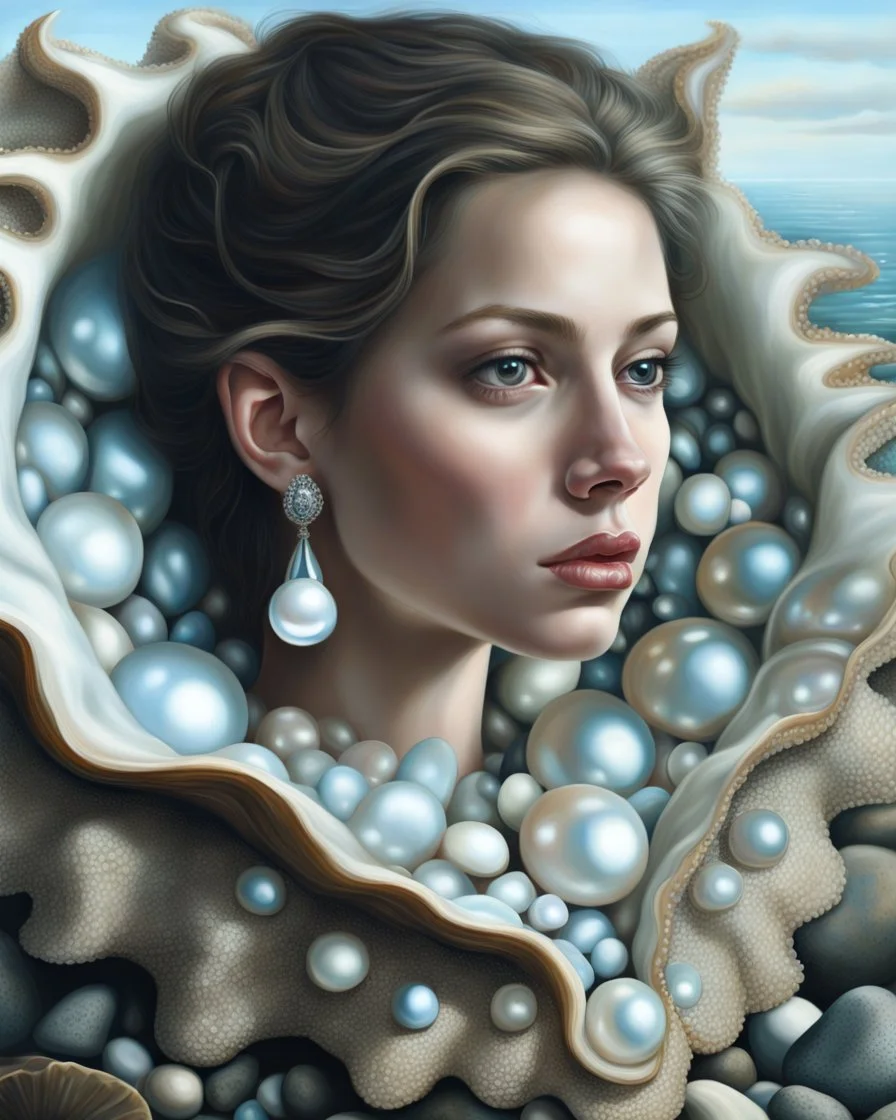 Create a fantastical image of a young beautyful woman in an elaborate dress resembling the interior of a pearl oyster, specifically a Pinctada, with rocks on the seashore in the background. An oil painting in the style of ultrarealism. The collar of the dress, like a hood, encloses the large, open jaw structures of the shell and the deep pearly interior, mimicking this bivalve. The person is also decorated with detailed patterns and textures that give the appearance of an aquatic creature, enhan