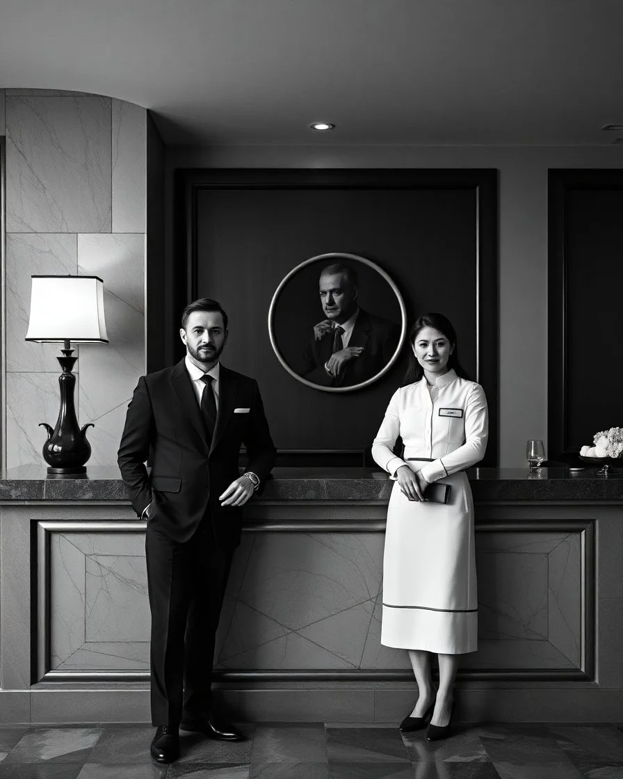 american gothic as hotel staff behind reception counter