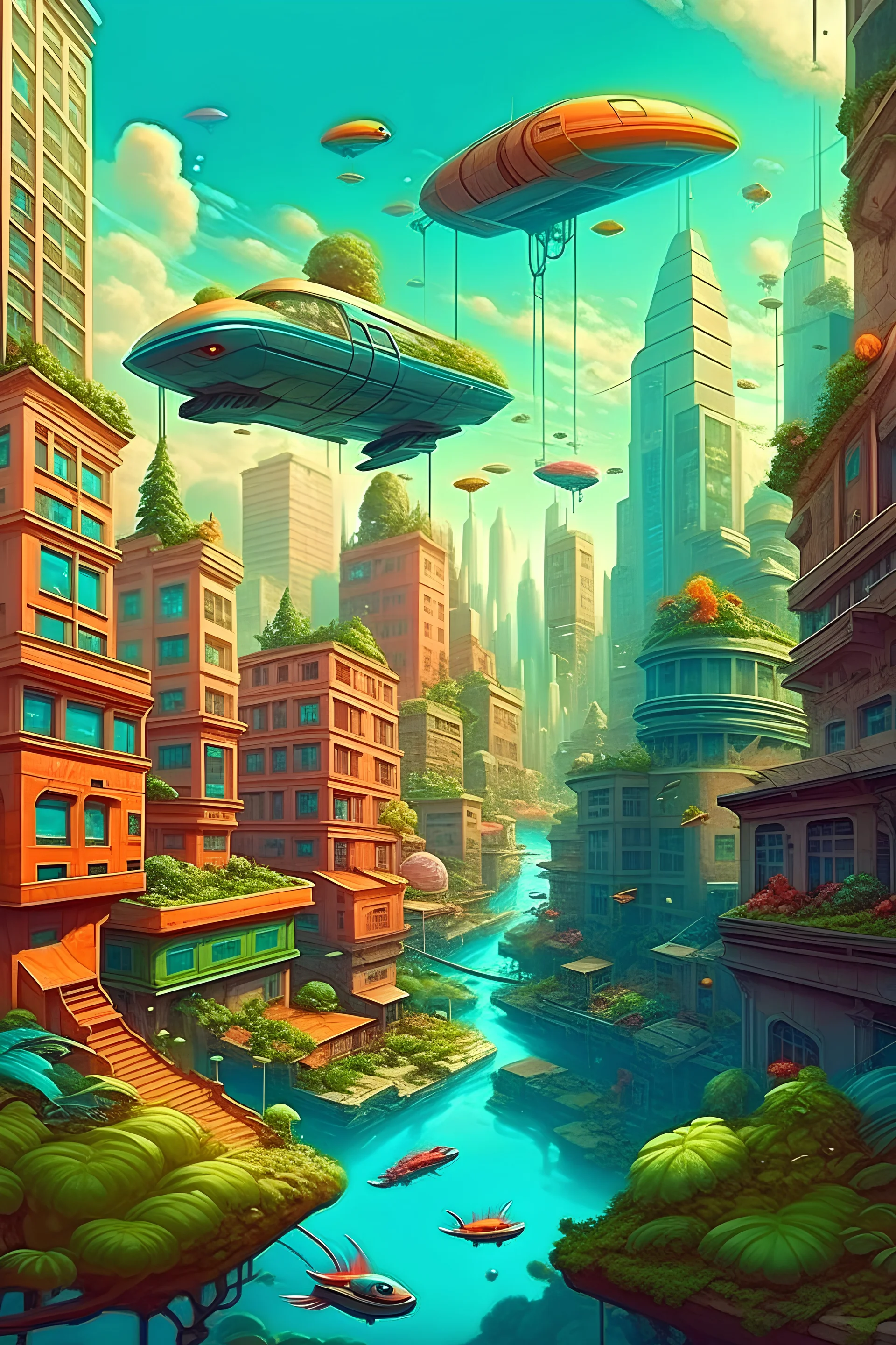 Dream city, color, flying cars, plants, animals