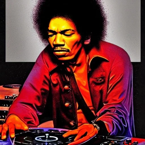 a realistic portrait of Jimi Hendrix at a turntable with headphones on being a DJ, vivid color