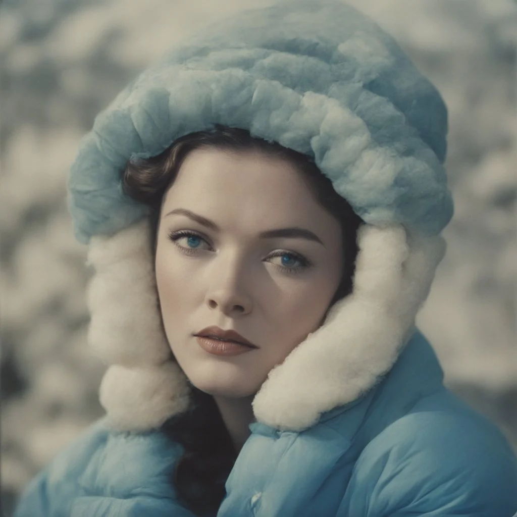 Actress gene tierney, blue, autochrome, plastic puffy jacket