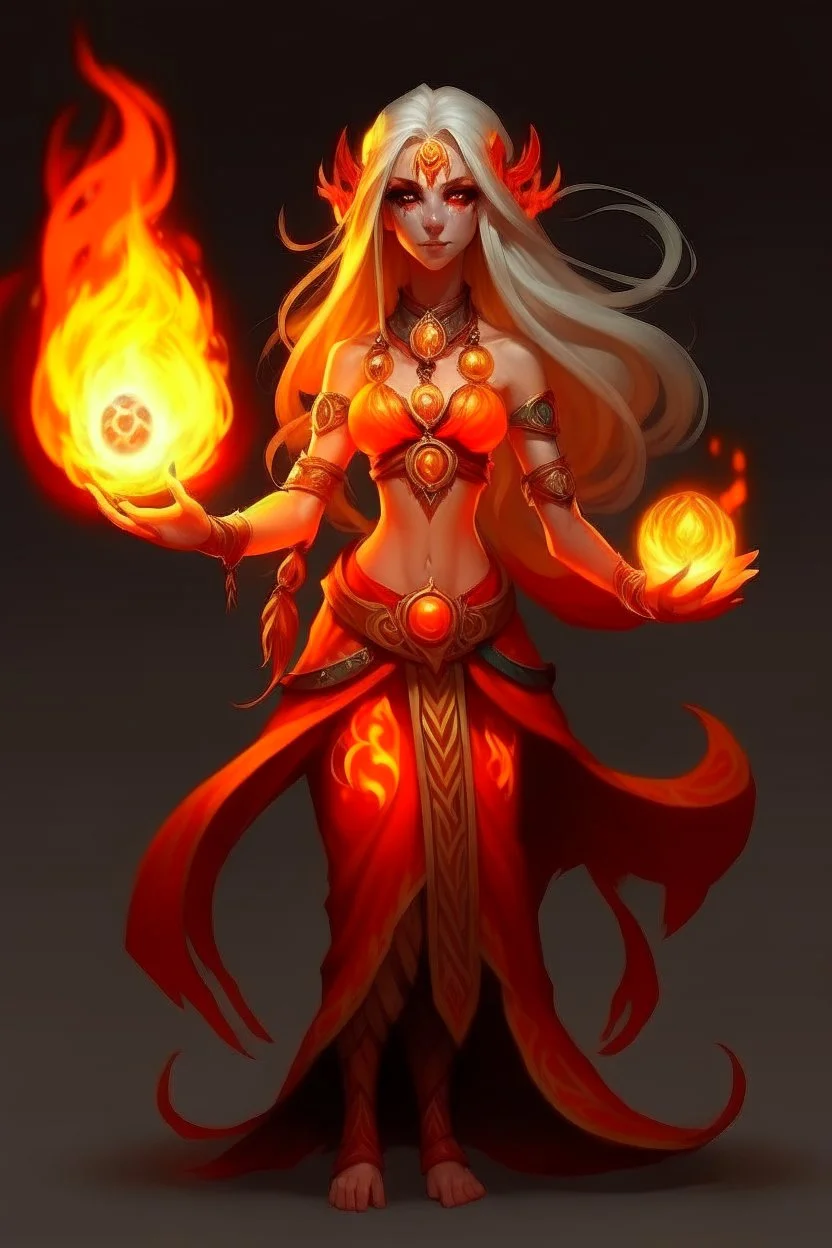 Female fire druid with fire abilities. long light hair made from fire. Tanned skin. Big red eyes with touch of fire