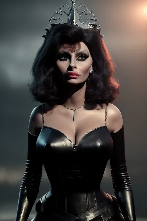 young sophia loren as evil queen in black leather, angry, stern look, volumetric lighting, particales,highly detailed,cinematic, deep colours,8