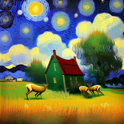 Dibujo al oleo de una pradera con una casa y un ciervo con muchas nubes de colores estilo Vincent van Gogh