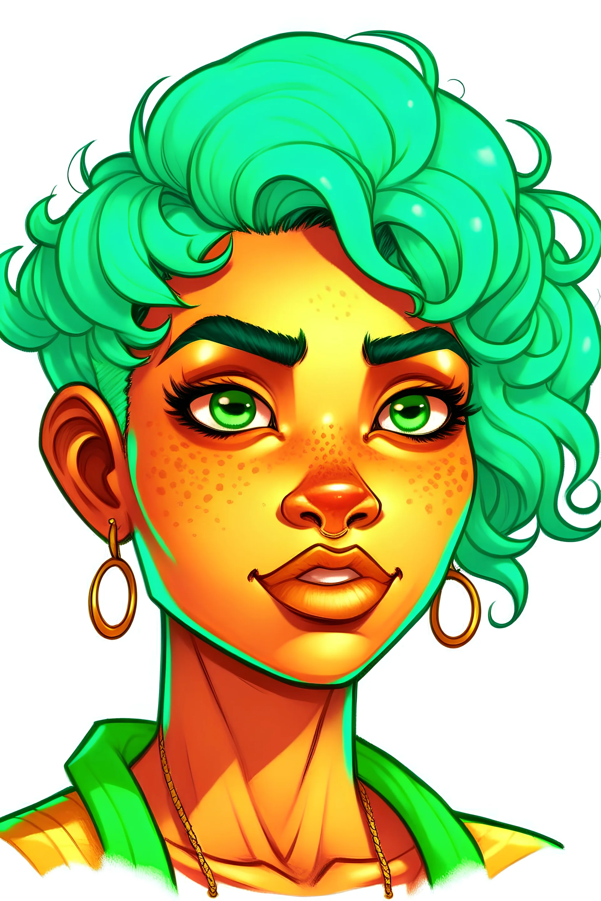 Drawing of a girl with light brown skin, turquoise hair and turquoise eyebrows