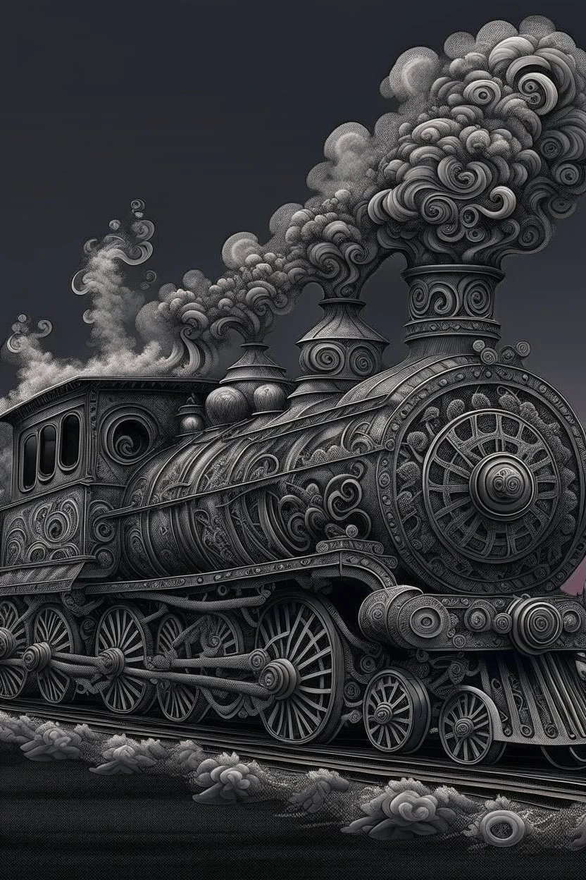 A steam train made of swirling smoke, with intricate patterns and designs on the locomotive's body. The artwork uses focus stacking and digital art techniques to create a surreal and detailed background. The dark, white and gray style depicts hyperrealistic sculptures and hyperdetailed illustrations of surreal and dreamy landscapes in the style of hyperphotorealism. Silver, black and grey colors are used.