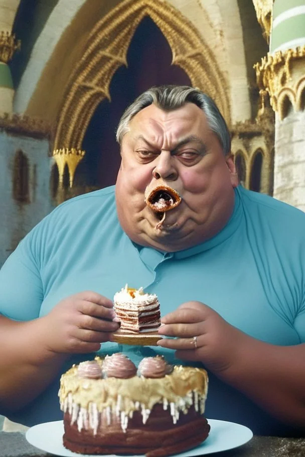 fat ugly viktor orban eating birthday cake in a castle