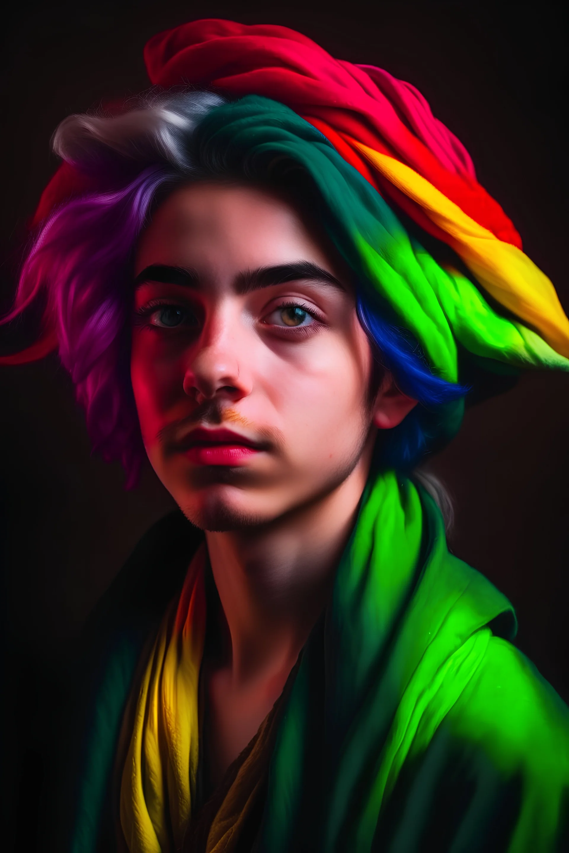 A portrait of a young Elf, a wizard, multicolor hair, Caravaggio style