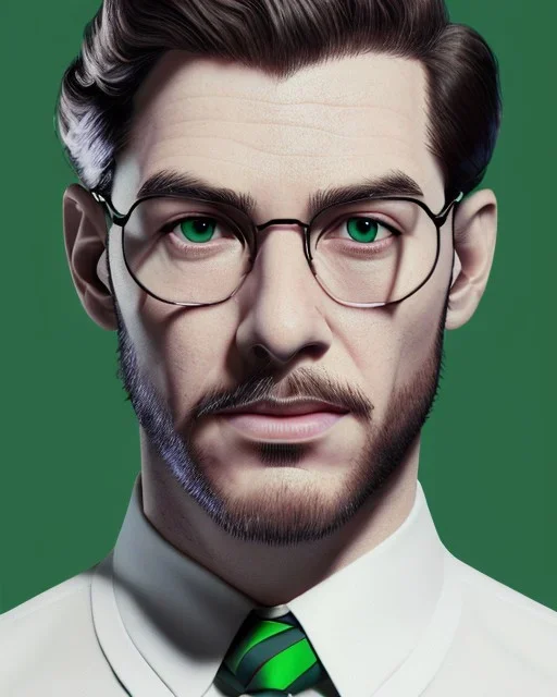 Fit man in round glasses, wavy hair, stubble, slim, tie, monotone, green eyes, comic book style, two tone colours, detailed, ink, realistic, handsome, square jaw, big brows, no jacket, bird on the shoulder, spotlight