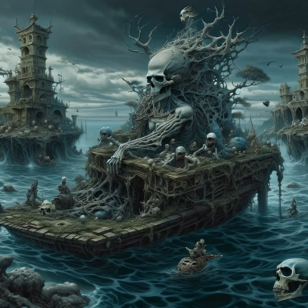 Hades pluton, Dark and never-ending sea, specters of the drowned, where the bone flowers grow, wild weird clime, surreal style of john Stephens and Michael Cheval, eerie, smooth, trending on Artstation, 8k, intricate detail, hypersurreal.