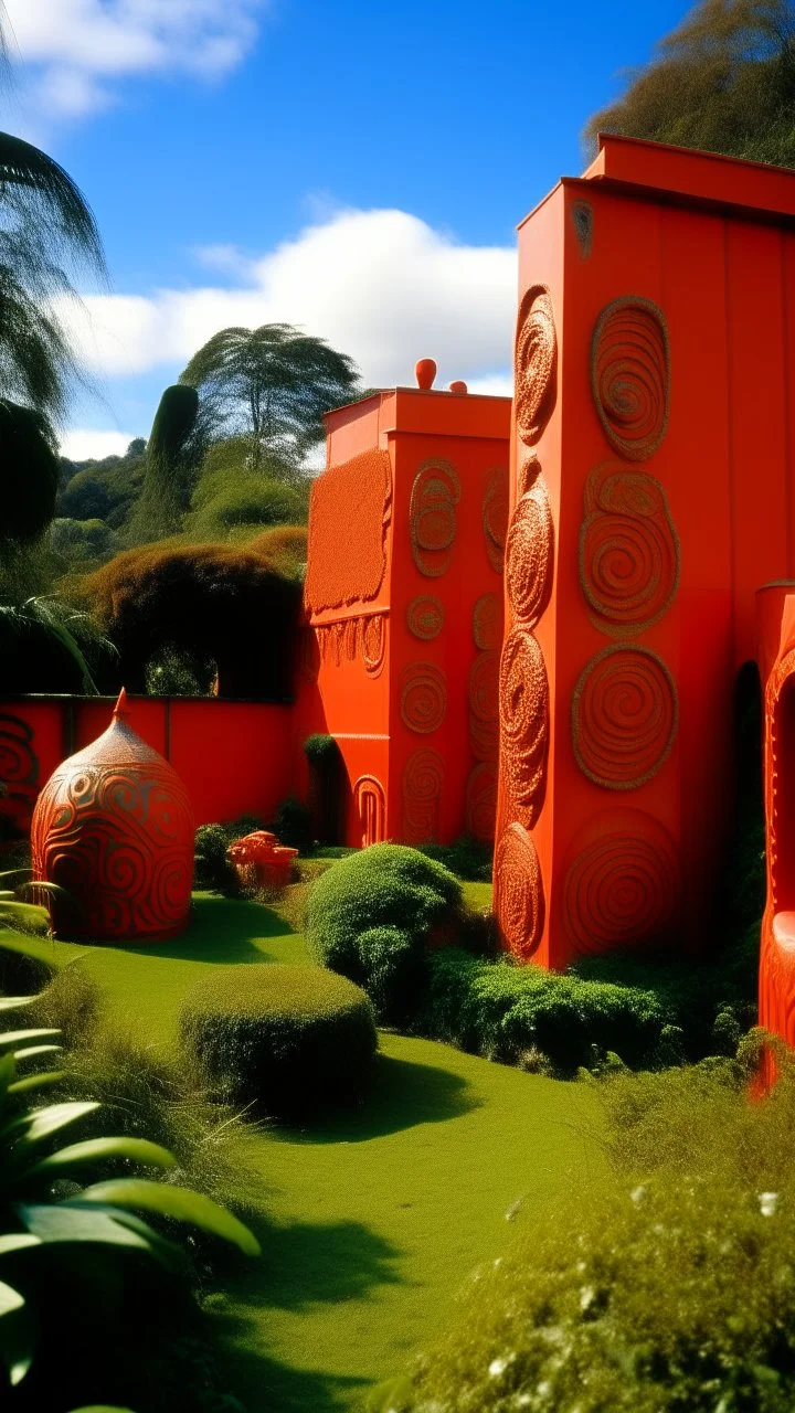 An orangish red spongy village designed in Maori sculptures painted by Henri Matisse