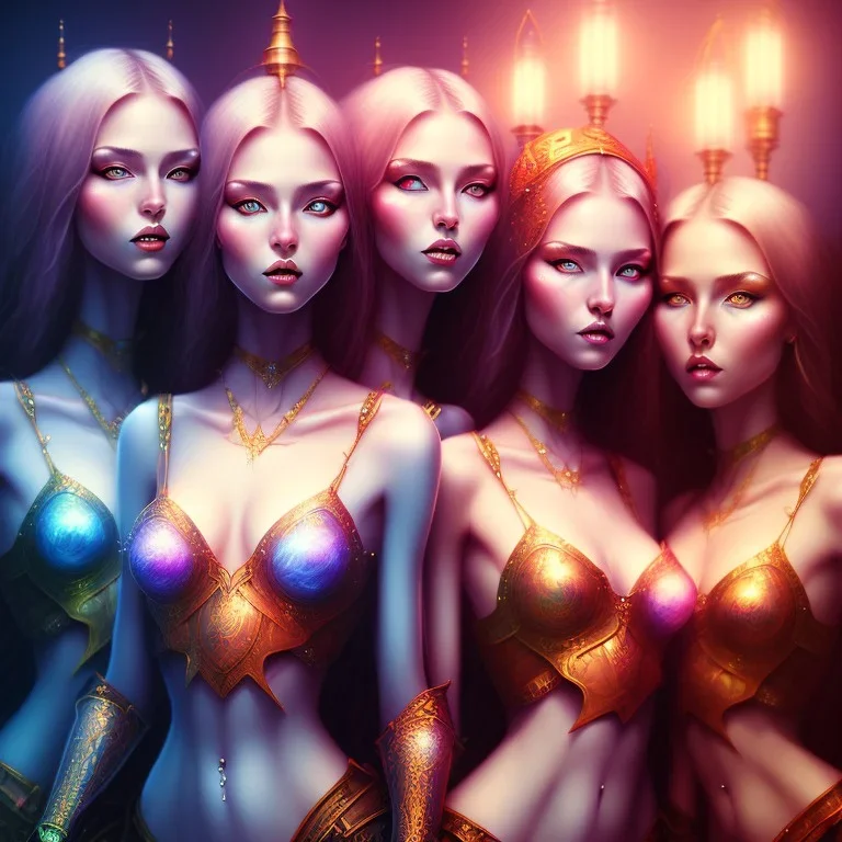 fantasy art, digital painting, four pretty female sorceresses, nip, realistic