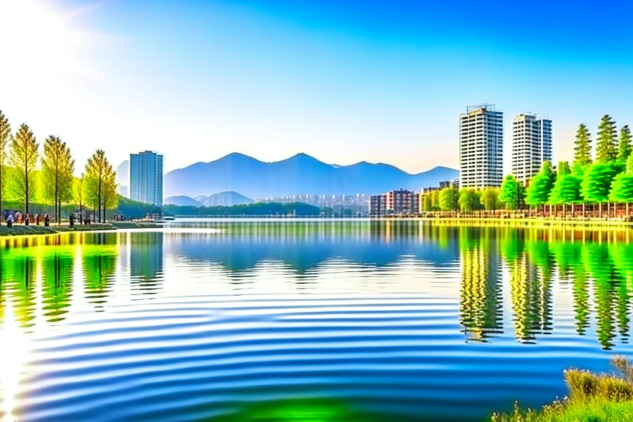 Sunny day, distant modern city, lake, lake reflections, people, mountains