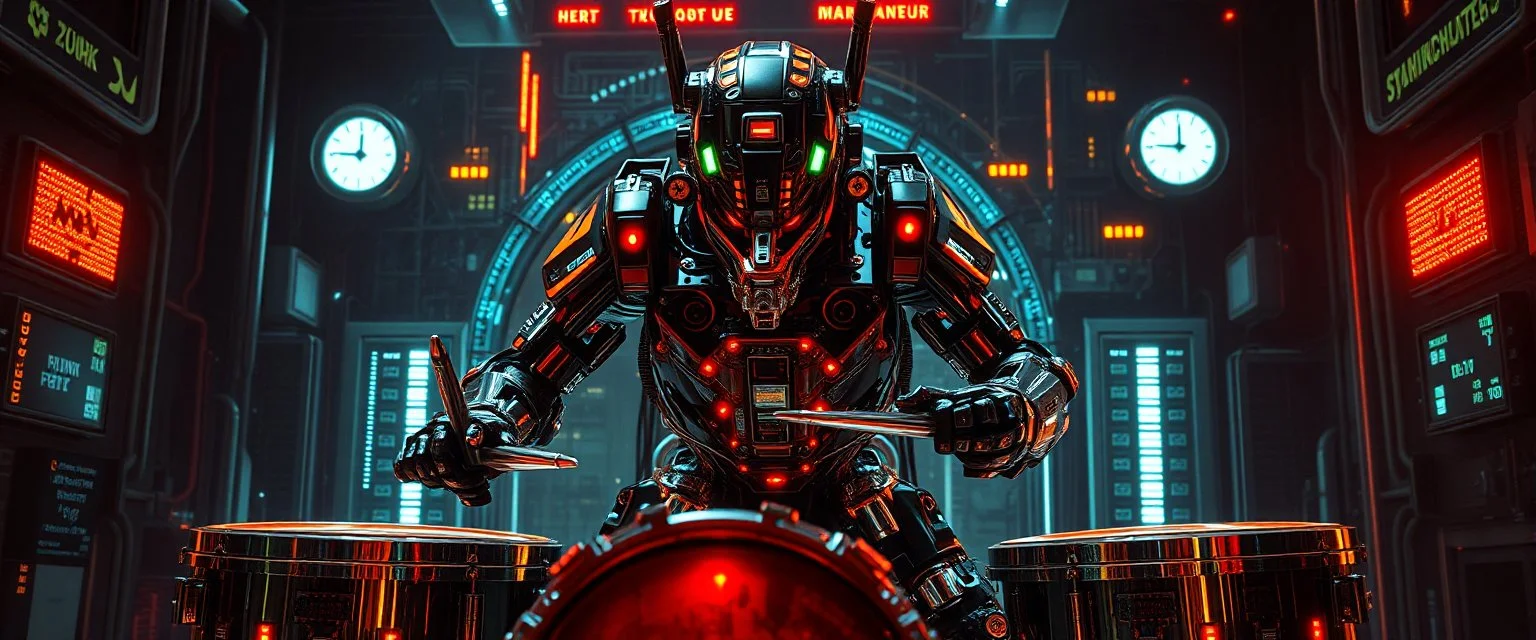 cyberpunk imagery synchronized mechanical drumming flickering stable core