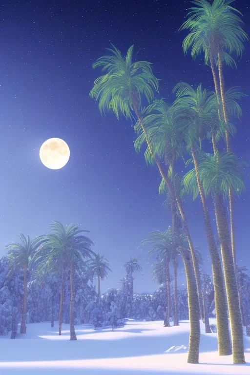 1980's aesthetic vaporwave palm trees with lighting with moon in the winter snow