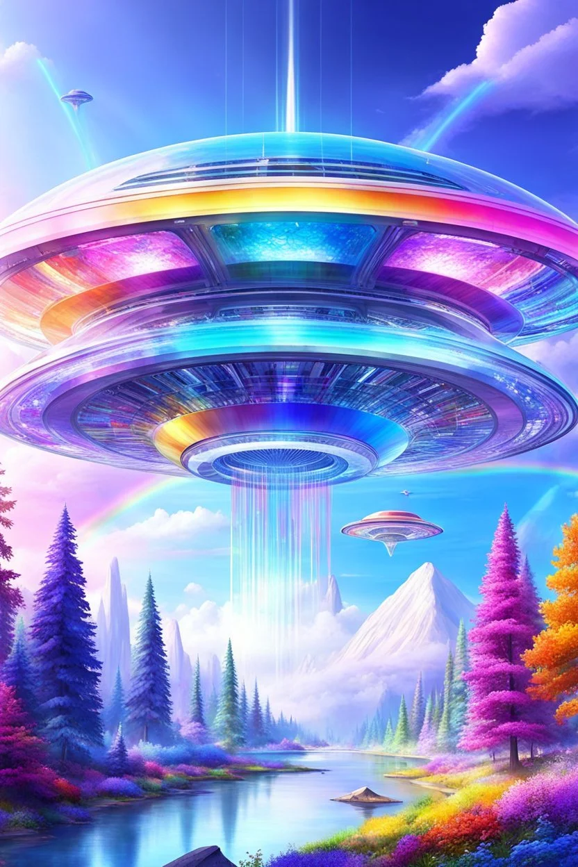 Ufo rainbow, futuriste ultra moderne,heaven,crystal very beautiful city,nature forest flowers colors