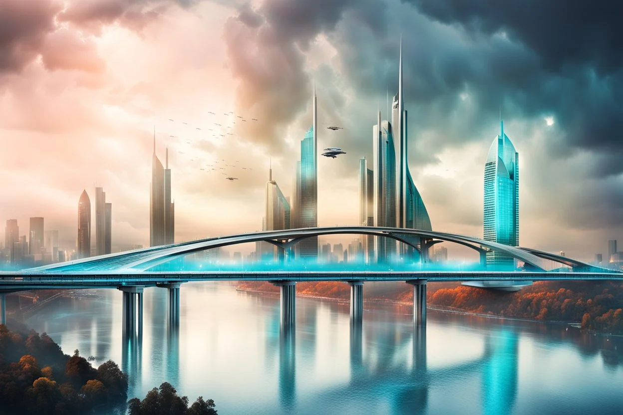 Dreamlike Skyline of Downtown futuristic hightech city in 4050 and a stunning futuristic Bridge During. dark grey and black clouds , storm, dark azur color river, cold colors, come storm, rain, high detalied, sci-fi, landscape