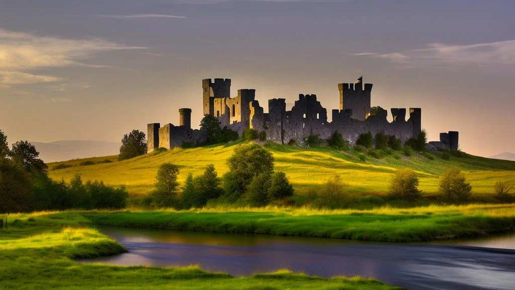 Old stone castle on the edge of the river by the grassy plain