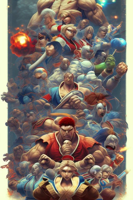 street fighter video game artwork in the style of Kinu Nishumura, capcom, 90s art, manga influence, japanese art style, exaggerated realism, Daigo Ikeno, retro, playful, high quality, brush strokes, vintage graphics