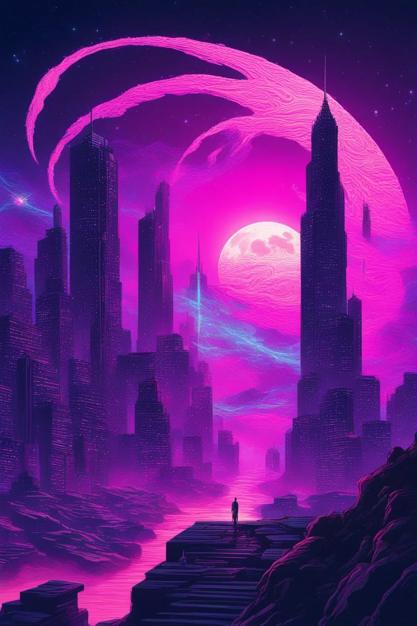 A surreal synthwave landscape featuring a towering cosmic entity with tentacles reaching towards a neon-lit city, under a sky filled with glitching stars, a distorted moon, and dark, swirling cosmic anomalies.