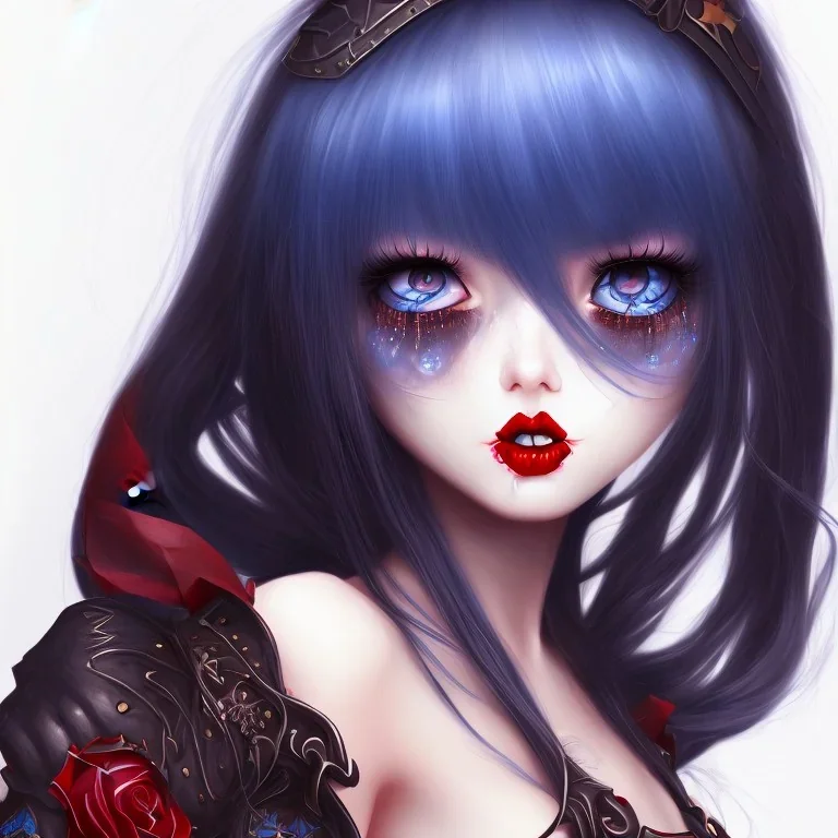 girl, cute, beautiful, blue eyes, red lips, black hair with bangs, goth, witch