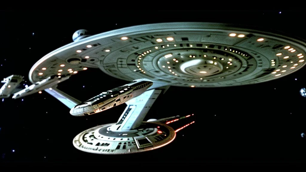 a screen capture from a star trek movie of a battle-damaged starship enterprise IN the year 2380 IS IN A BATTLE with monster ufos sci-fi meticulous, highly-polished, photorealistic, studio production, intricately detailed, GALACTIC, directed by gene Roddenberry,