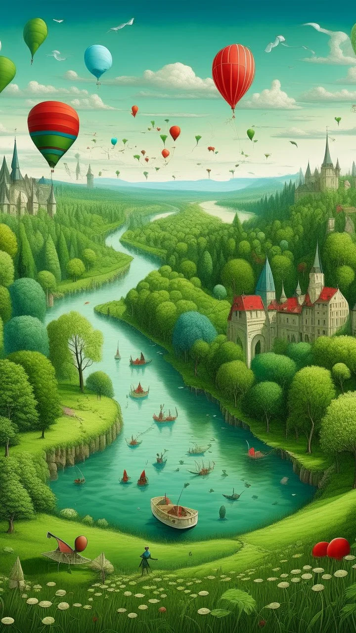 Bosch paint style nightmare, a city with all green trees and river and birds and balloons