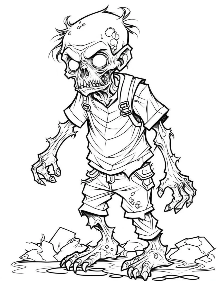 real little zombiet, coloring image , full body (((((white background))))), only use an outline., real style, line art, white color, clean line art, white background, Sketch style