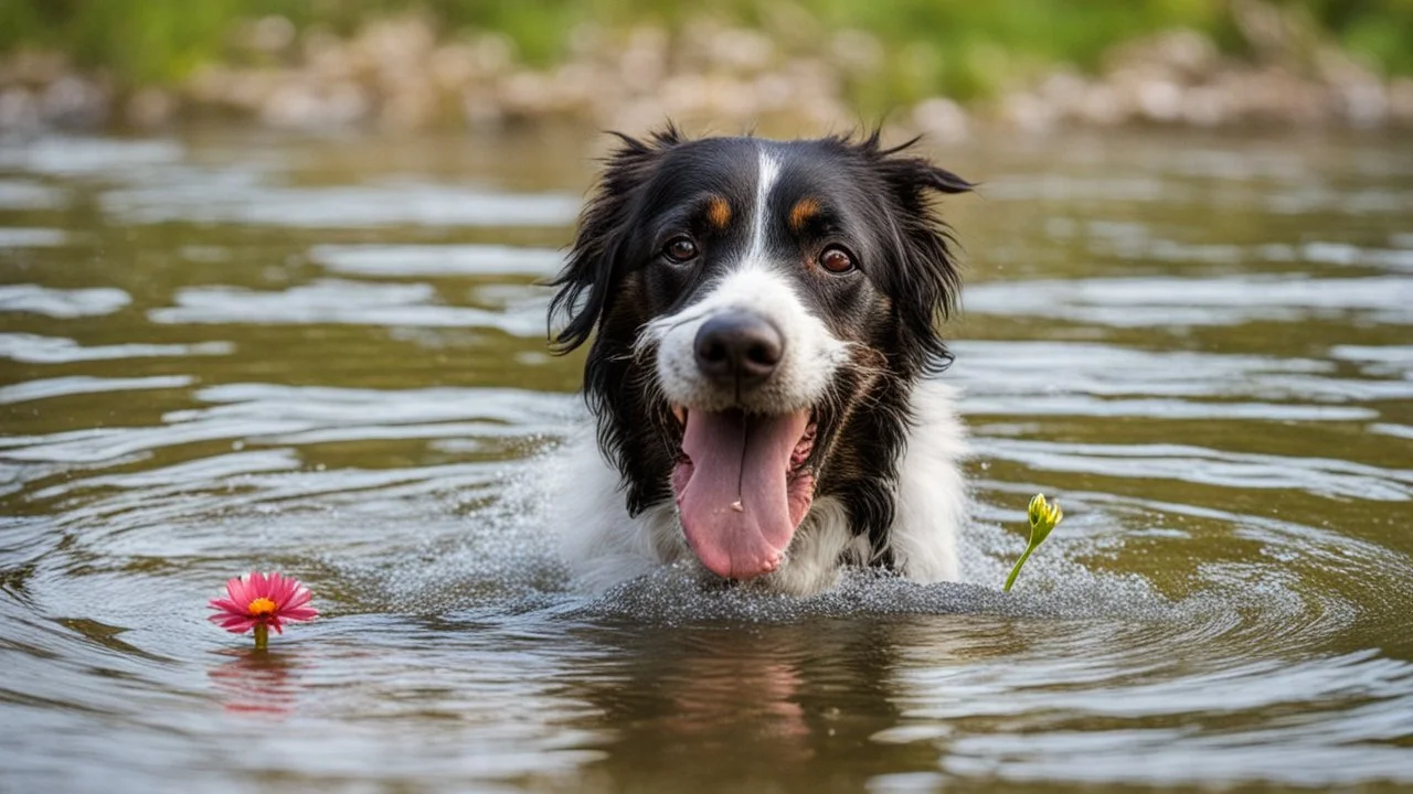 laughing dog in the water playing with flower