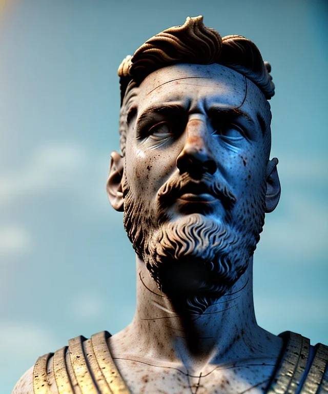 Ultra Realistic image, roman sculpture, marble deluxe material, Lionel Messi, gold radial god crown, miguel angel style, chisel style, emperador, waist up portrait, cinematic lighting, God light, god rays, 4k resolution, smooth details, ornate details, soft lighting, unreal engine 5, sky background.