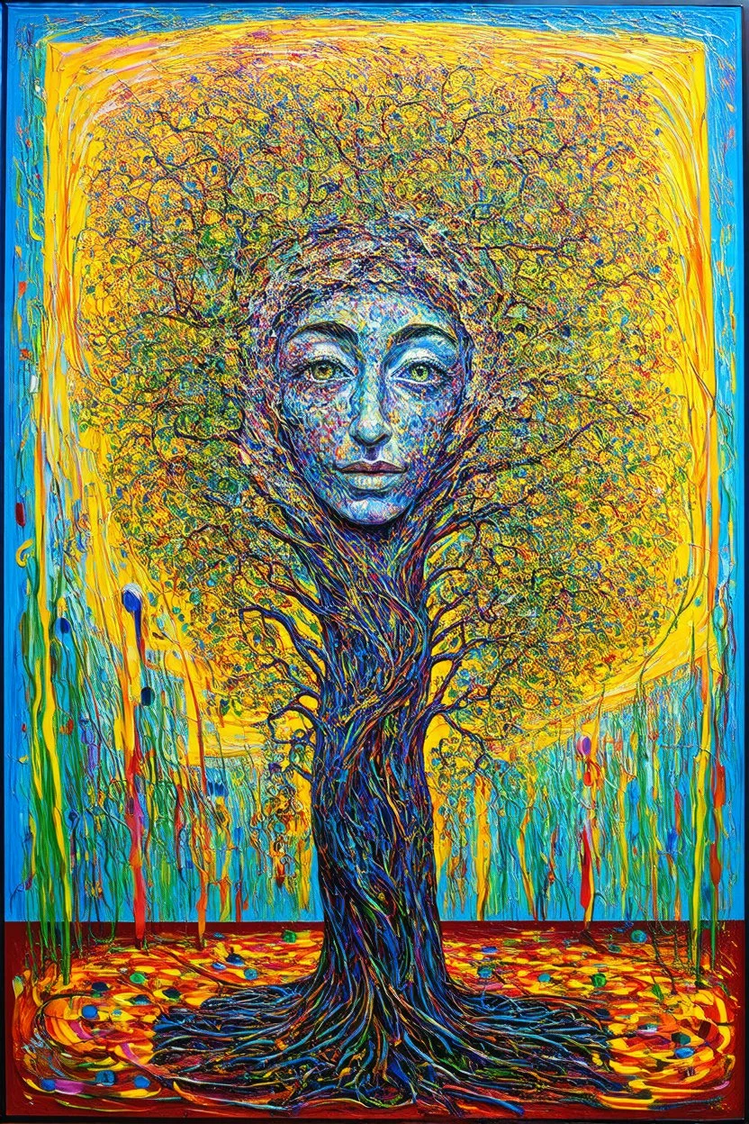 Uncontrolled Imagination is a vine expending energy on destructive thoughts and feelings; Golden Ratio; Acrylic Paint; Ecstatic; in the style of Hundertwasser; Cezanne; Gauguin