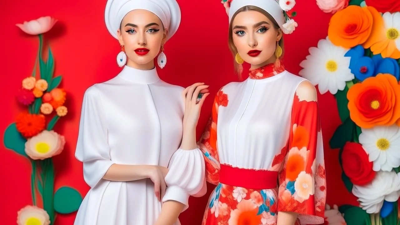 plain blank Two young women with elaborate, colorful costumes and makeup, posing in front of a red, floral background white mockup object