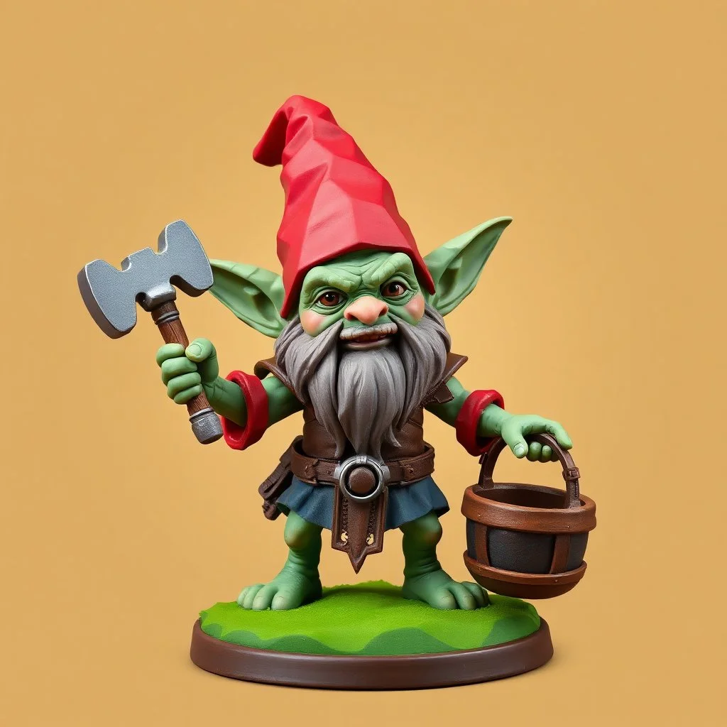 low poly, gremlin goblin gnome troll miniature model half painted arms outstretched holding battle hammer offering gift, bucket shield background