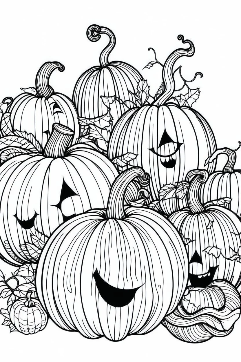 A spooky pumpkin patch with Jack-o'-lanterns of different sizes . Outline, sketch style, only use outline, mandala style, clean line art, white background, no shadows, no clear wall, coloring page.