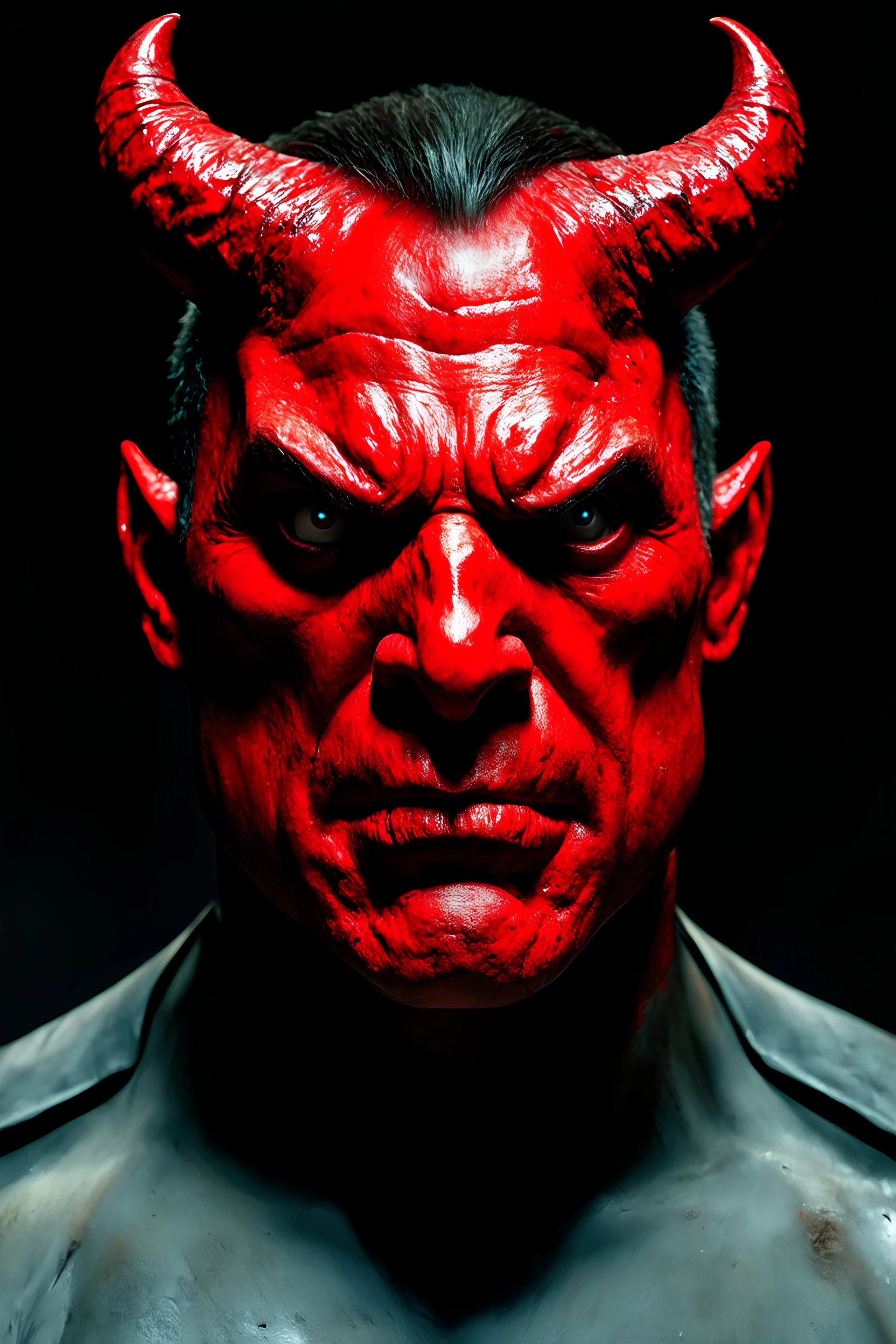 The devil's face is tight and red, and his cheeks are very prominent.